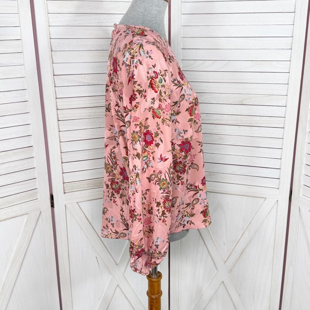 Loft Floral Jacquard Ballon Sleeve Blouse Pink Satin Boho Career Cottagecore S - Picture 4 of 13